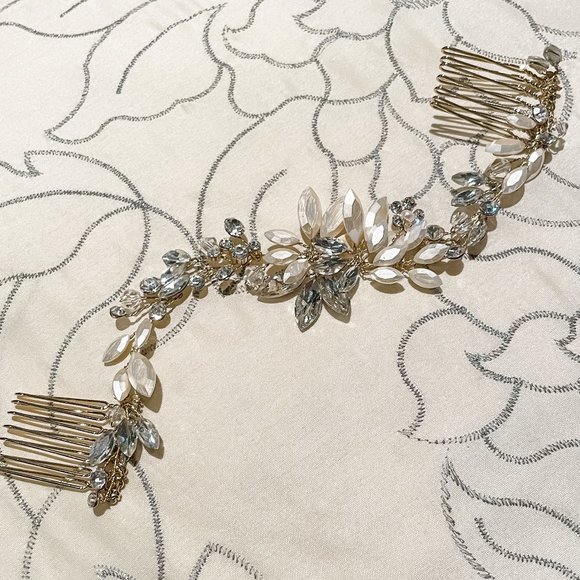 BRIDES AND HAIRPINS Gold Swarovski Crystal Marquise Floral Halo with Combs - Picture 5 of 7